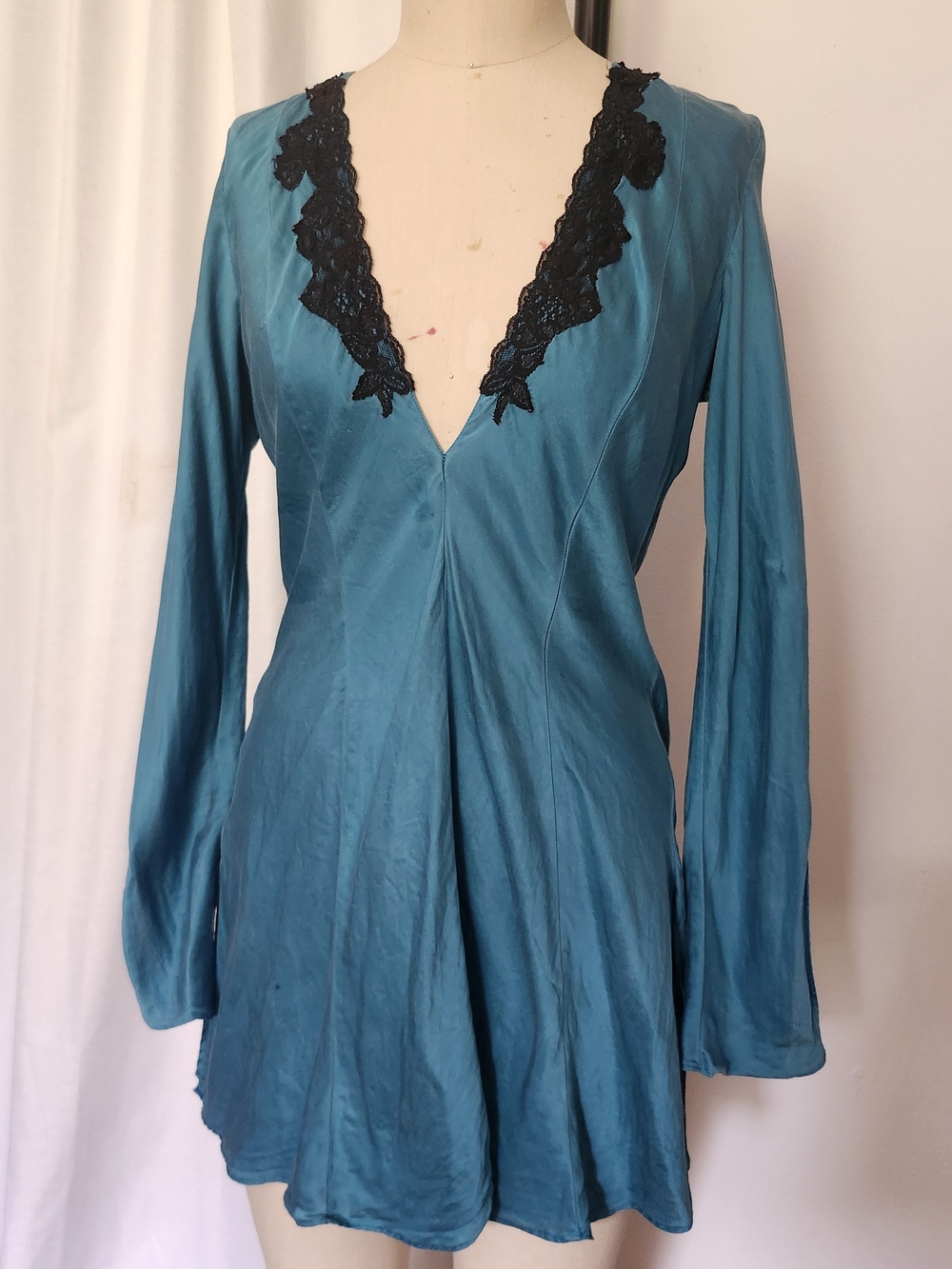 Frederick's of Hollywood Women's Teal Silk Mini Dress with Black Lace Trim